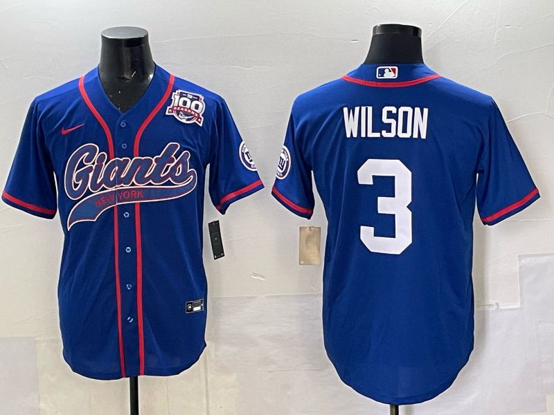 Men 2025 New York Giants #3 Wilson Blue Joint Name Nike Limited NFL Jersey style 05